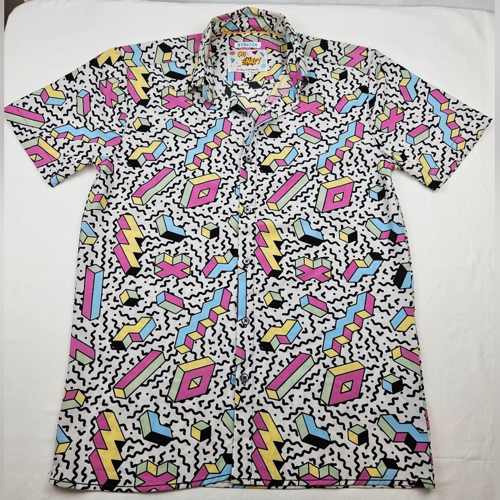 OH SNAP button down retro 80s90s short sleeve shirt black white pink yellow blue